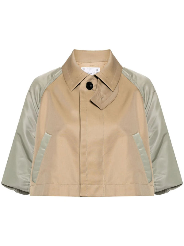 Crop jacket with contrasting sleeves beige/ Green Clear Sacai