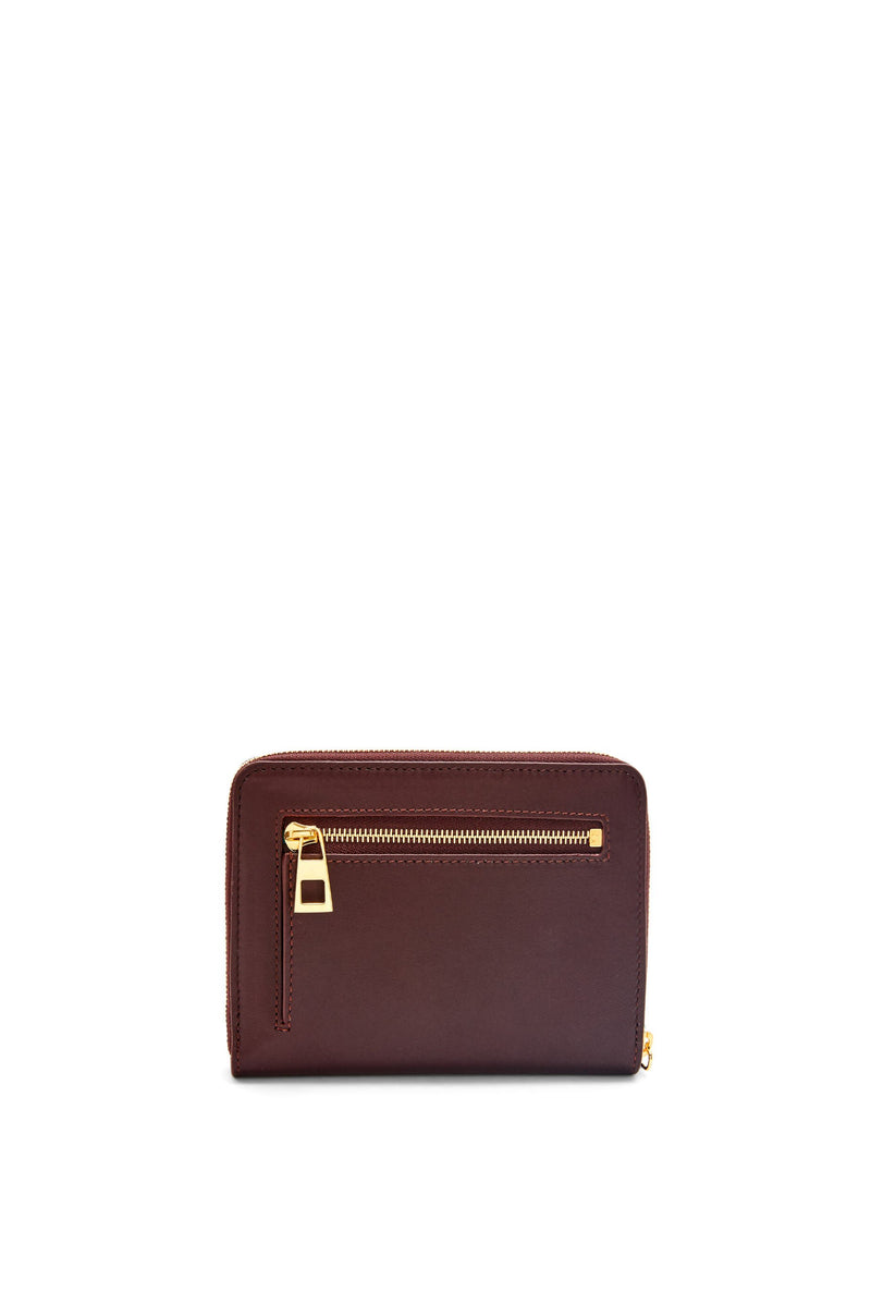 Portefeuille compact zippé Knot en cuir de veau nappa brillant Bordeaux/Émeraude LOEWE