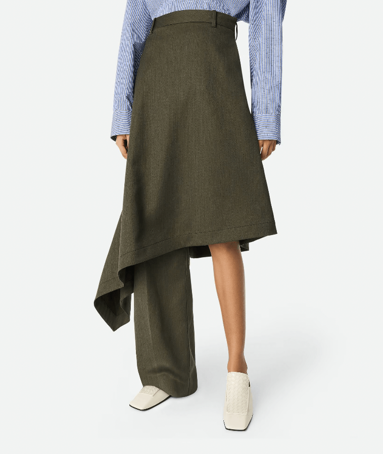 "Jupe pantalon en laine subtilement rayée kaki" BOTTEGA VENETA