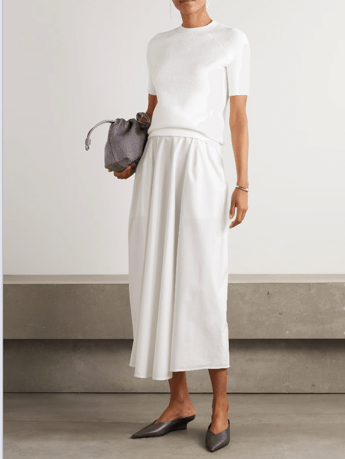 Jupe blanche midi en popeline de coton à fronces CARVEN