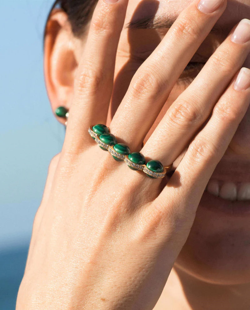 Double Ring Sporting - Yellow Gold, Diamonds and Malachite D1928