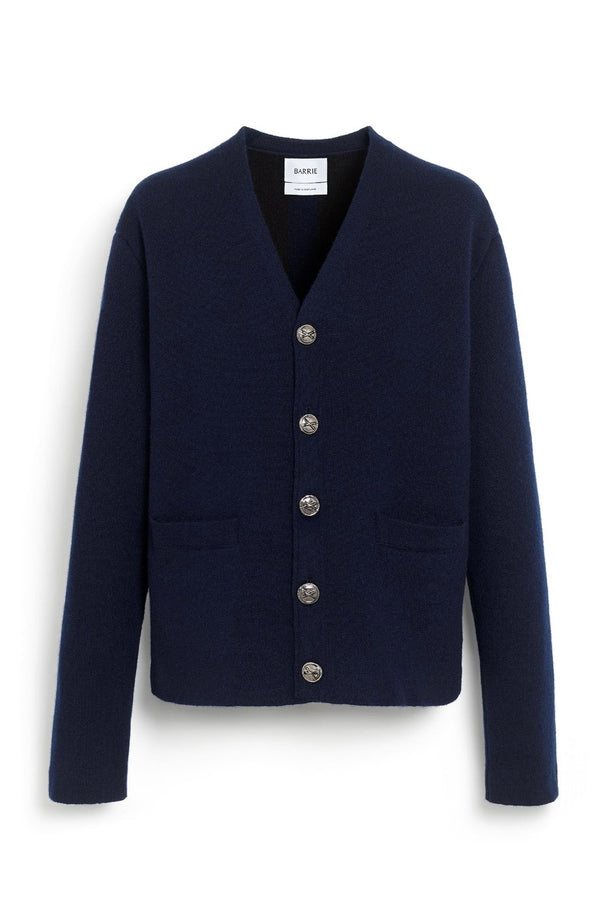 Cardigan col V en cachemire et laine marine  “Barrie X Mackintosh”