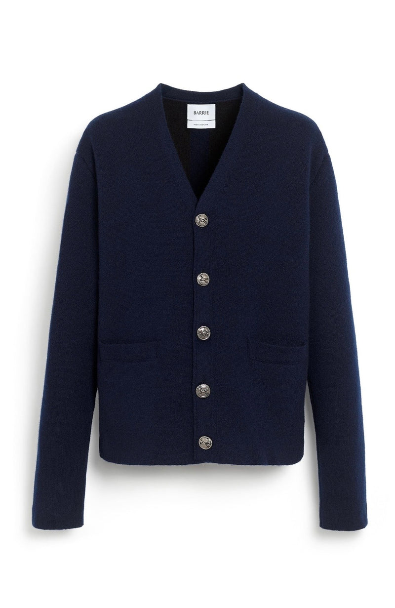 Cardigan col V en cachemire et laine marine  “Barrie X Mackintosh”