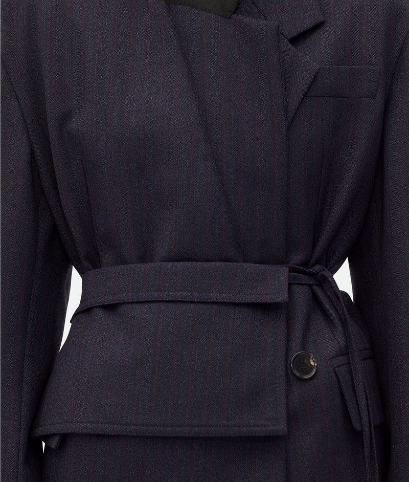 Veste Ceinturée En Laine Rayée Noir/ Bleu BOTTEGA VENETA