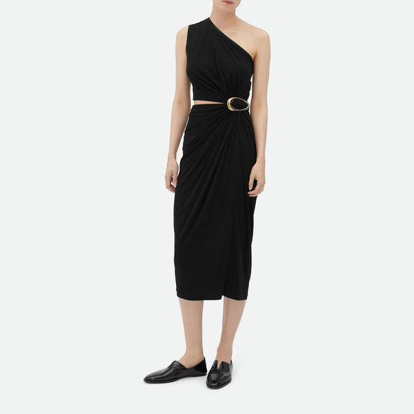 Viscose and pancake jersey dress with asymmetrical collar Black BOTTEGA VENETA