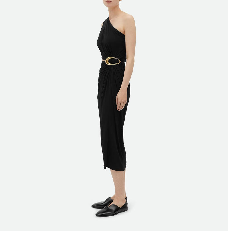 Viscose and pancake jersey dress with asymmetrical collar Black BOTTEGA VENETA