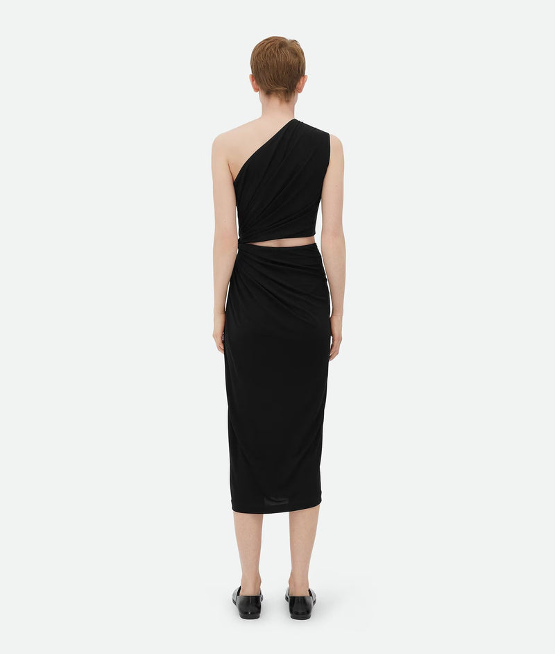 Viscose and pancake jersey dress with asymmetrical collar Black BOTTEGA VENETA