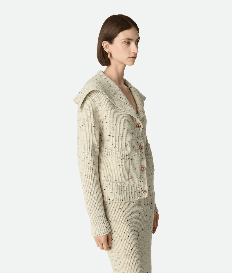 "Cardigan in woolen shot in English coast Dove / Chinese ecru" BOTTEGA VENETA