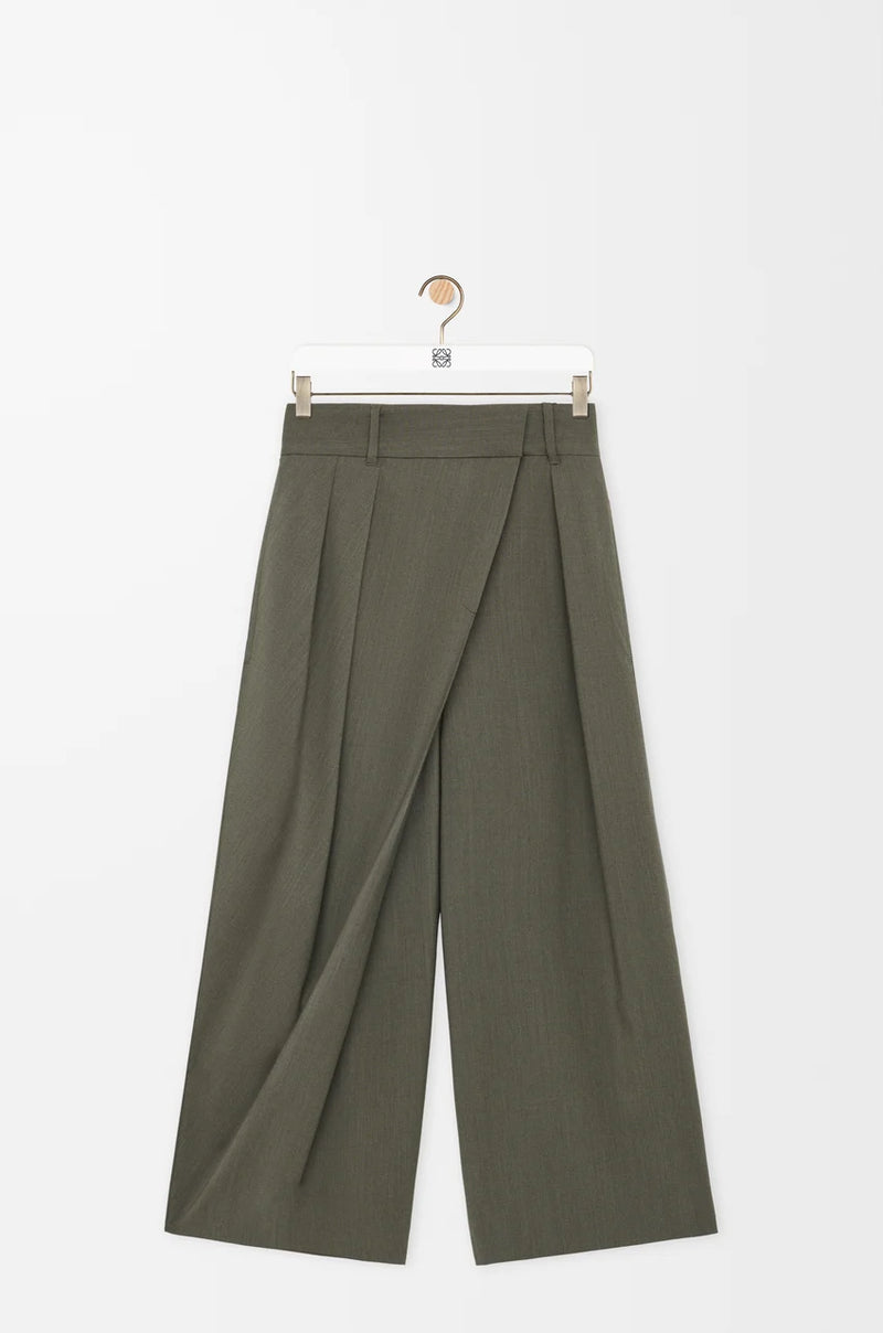 "Cropped wrap trousers en laine Khaki Green" LOEWE