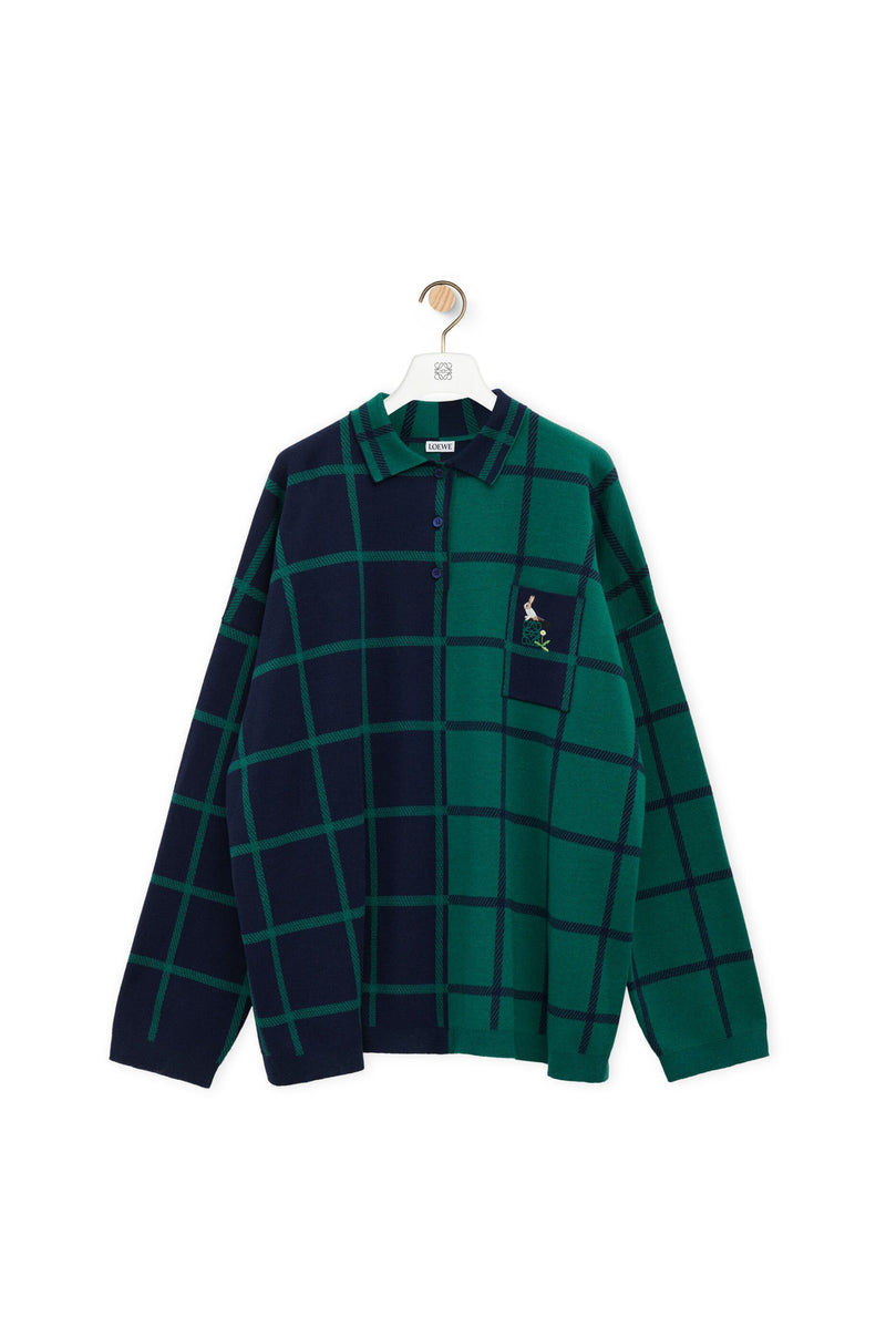 Pull polo en laine et cachemire Bleu Marine/Vert LOEWE x Suna Fujita.