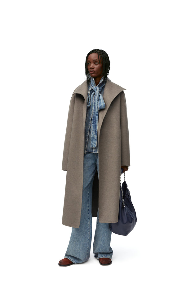 Coattered coat in wool and hide Taupe China Loewe