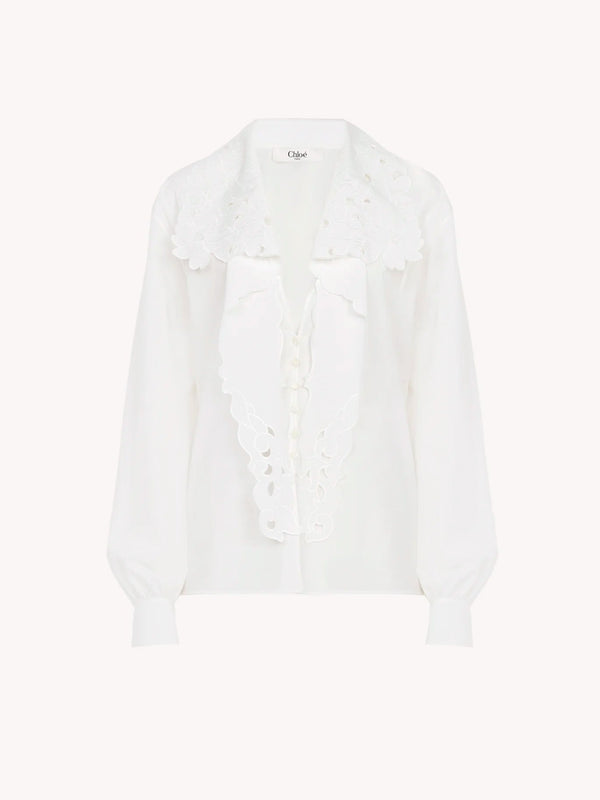 Chemise lavallière brodée en popeline de coton Blanche CHLOÉ