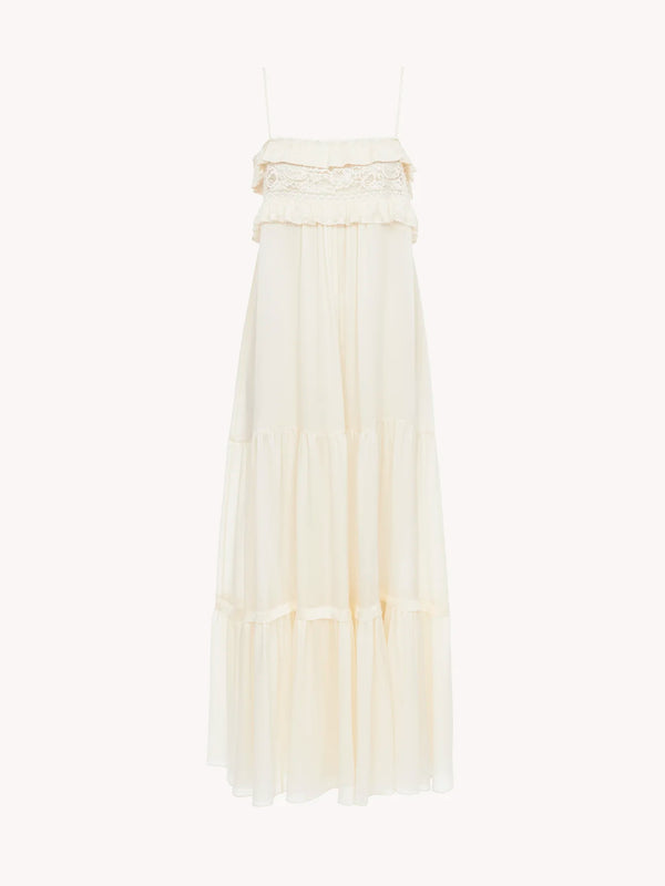 Robe longue à fines bretelles en charmeuse de soie  Dusty Blanche CHLOÉ