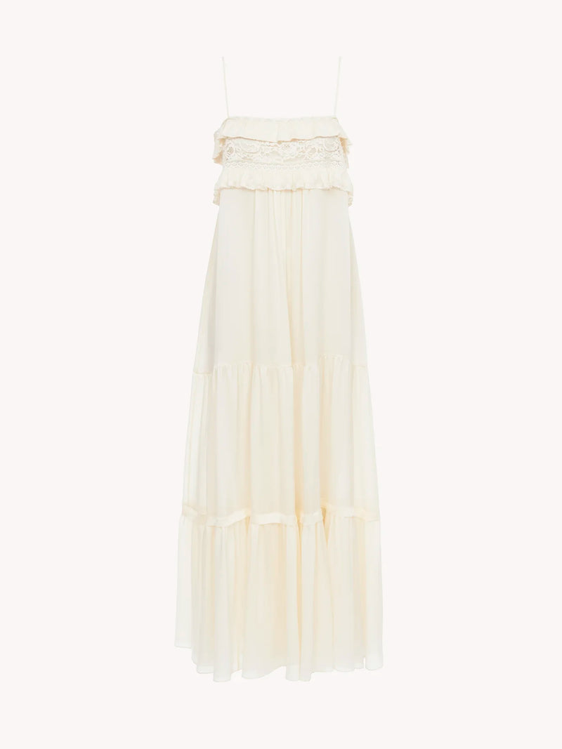 Robe longue à fines bretelles en charmeuse de soie  Dusty Blanche CHLOÉ