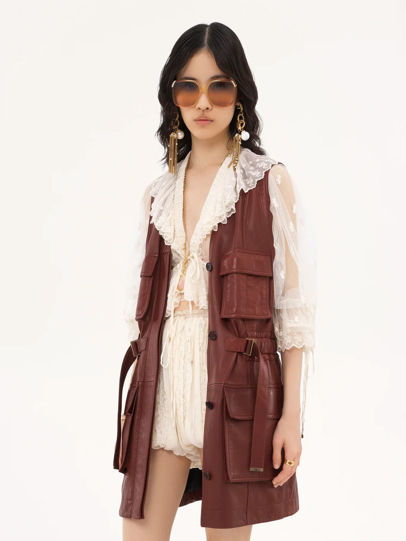 "Veste sans manches utilitaire en cuir Faded Mahogany /Bordeaux" CHLOÉ