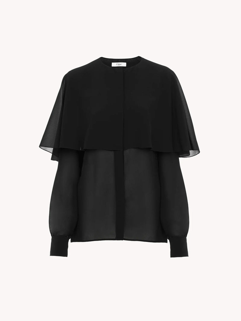 Silk Georgette Cape Blouse Black  Chloe