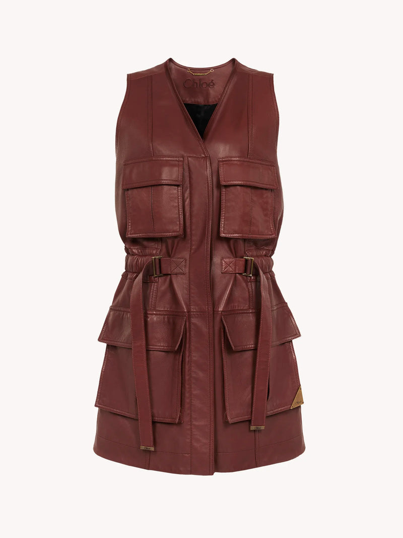 "Veste sans manches utilitaire en cuir Faded Mahogany /Bordeaux" CHLOÉ